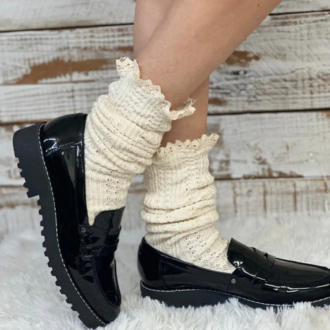 Handcrafted Cable Knit Boot Socks | Natural Beige With Lace Top – Soft Cotton Blend | Made in USA Catherine Cole  socks