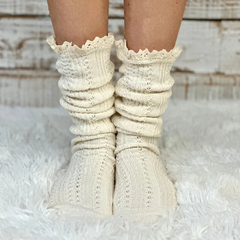 Handcrafted Cable Knit Boot Socks | Natural Beige With Lace Top – Soft Cotton Blend | Made in USA Catherine Cole  socks