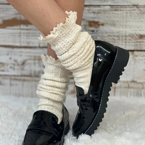 Handcrafted Cable Knit Boot Socks | Natural Beige With Lace Top – Soft Cotton Blend | Made in USA Catherine Cole  socks