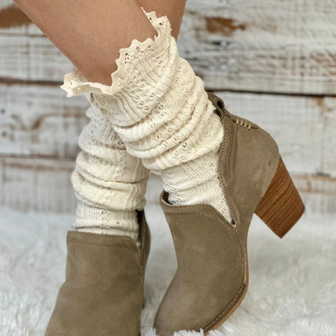 Handcrafted Cable Knit Boot Socks | Natural Beige With Lace Top – Soft Cotton Blend | Made in USA Catherine Cole  socks