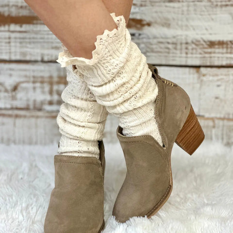 Handcrafted Cable Knit Boot Socks | Natural Beige With Lace Top – Soft Cotton Blend | Made in USA Catherine Cole  socks