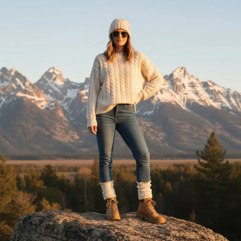 Handcrafted Cable Knit Boot Socks | Natural Beige With Lace Top – Soft Cotton Blend | Made in USA Catherine Cole  socks