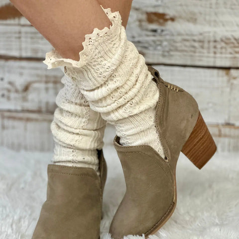 Handcrafted Cable Knit Boot Socks | Natural Beige With Lace Top – Soft Cotton Blend | Made in USA Catherine Cole  socks