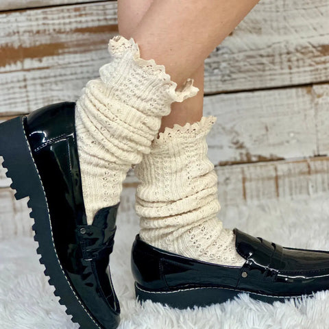 Handcrafted Cable Knit Boot Socks | Natural Beige With Lace Top – Soft Cotton Blend | Made in USA Catherine Cole  socks