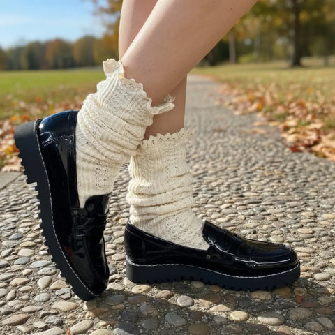 Handcrafted Cable Knit Boot Socks | Natural Beige With Lace Top – Soft Cotton Blend | Made in USA Catherine Cole  socks