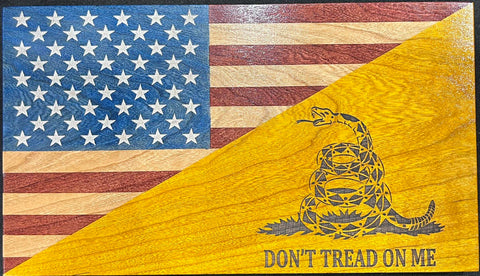 Handcrafted Cherry Wood Desktop Flag With Don't Tread On Me Design – 6.25x11 Inch Decorative Patriotic Sign | Made in USA American Grains LLC 