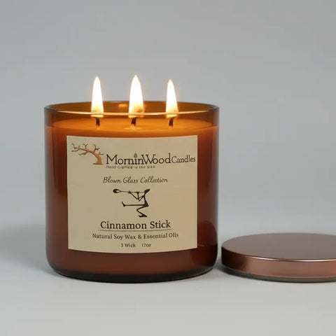 Handcrafted Cinnamon Stick Soy Candle 17 Oz 3-Wick Blown Glass Jar | Long-Lasting Home Fragrance Made in USA MorninWood Candles  3 Wick Candle