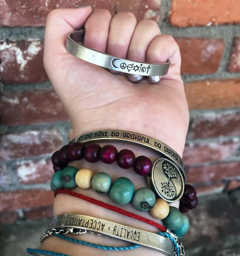 Handcrafted Coexist Inspirational Cuff Bracelet – Recycled Lead-Free Pewter Wristband | Made in USA Whitney Howard Designs  Cuff Bracelets