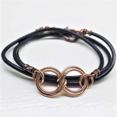 Handcrafted Copper Double Infinity Leather Wrap Bracelet – Gender Neutral Design | Made in USA Alexa Martha Designs  Wrap Bracelet