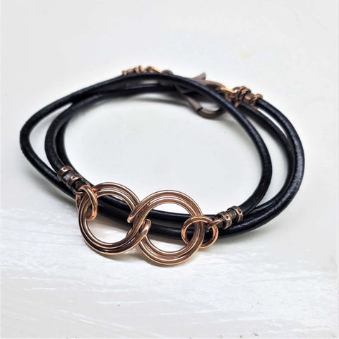 Handcrafted Copper Double Infinity Leather Wrap Bracelet – Gender Neutral Design | Made in USA Alexa Martha Designs  Wrap Bracelet