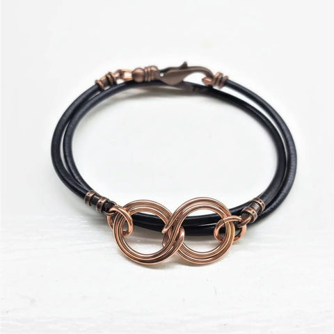 Handcrafted Copper Double Infinity Leather Wrap Bracelet – Gender Neutral Design | Made in USA Alexa Martha Designs  Wrap Bracelet