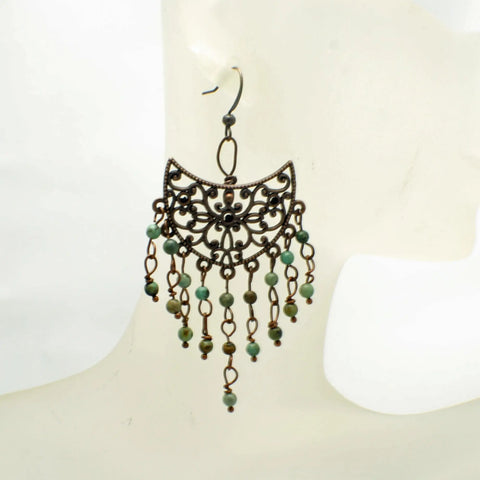Handcrafted Copper Filigree Chandelier Earrings With African Turquoise Beads – Boho Style Jewelry | Made in USA Michelle Marie Boutique  Earrings