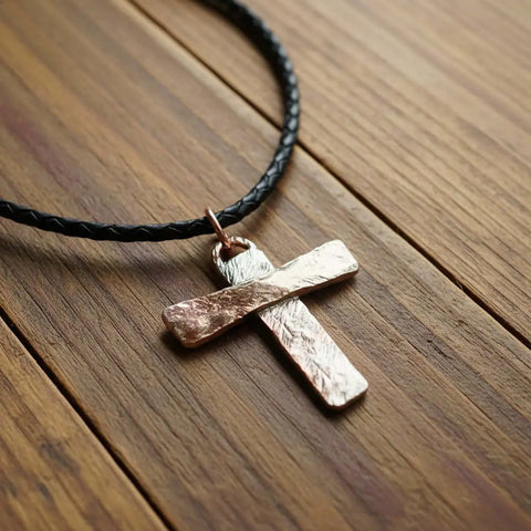 Handcrafted Copper and Sterling Silver Hammer Textured Cross Necklace – Black Leather Chain | Made in USA Alexa Martha Designs  Necklace