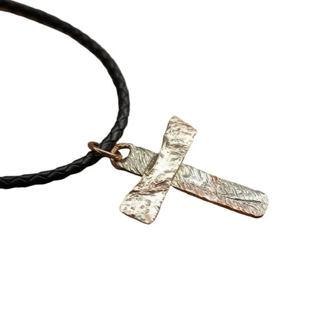 Handcrafted Copper and Sterling Silver Hammer Textured Cross Necklace – Black Leather Chain | Made in USA Alexa Martha Designs  Necklace