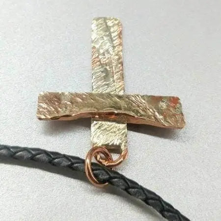 Handcrafted Copper and Sterling Silver Hammer Textured Cross Necklace – Black Leather Chain | Made in USA Alexa Martha Designs  Necklace