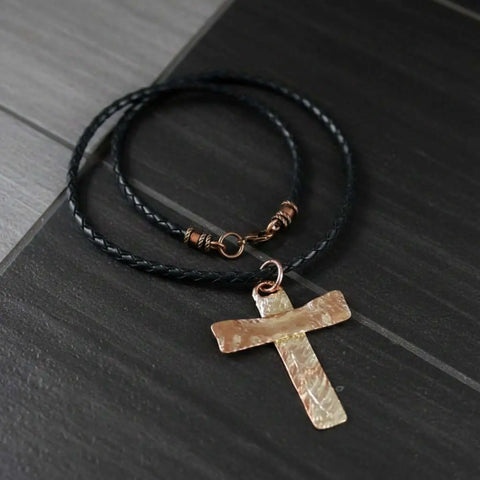 Handcrafted Copper and Sterling Silver Hammer Textured Cross Necklace – Black Leather Chain | Made in USA Alexa Martha Designs  Necklace