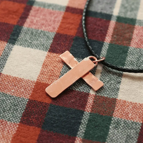 Handcrafted Copper and Sterling Silver Hammer Textured Cross Necklace – Black Leather Chain | Made in USA Alexa Martha Designs  Necklace