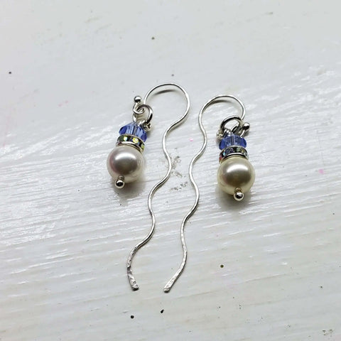 Handcrafted Crystal Pearl Wavy Sterling Silver Ear Threaders – Made in USA Alexa Martha Designs  Earrings