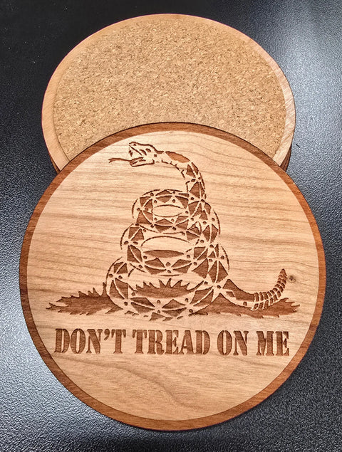 Handcrafted Don't Tread On Me Hardwood Coaster Set – 3.5 Inch Diameter – Durable Laser Engraved Drinkware | Made in USA American Grains LLC 