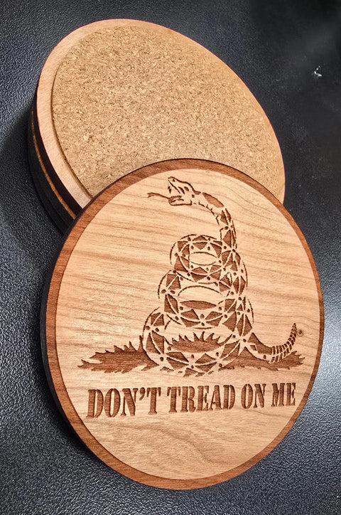 Handcrafted Don't Tread On Me Hardwood Coaster Set – 3.5 Inch Diameter – Durable Laser Engraved Drinkware | Made in USA American Grains LLC 