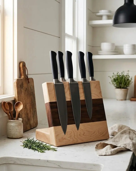 Handcrafted Double-Sided Magnetic Knife Holder – Maple and Black Walnut Wood Organizer 11 Inch | Made in USA Montana Block 