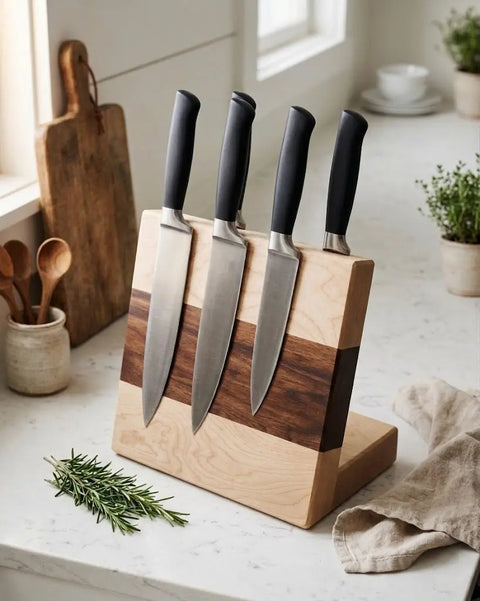 Handcrafted Double-Sided Magnetic Knife Holder – Maple and Black Walnut Wood Organizer 11 Inch | Made in USA Montana Block 