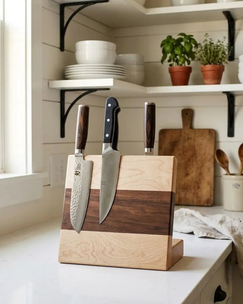Handcrafted Double-Sided Magnetic Knife Holder – Maple and Black Walnut Wood Organizer 11 Inch | Made in USA Montana Block 