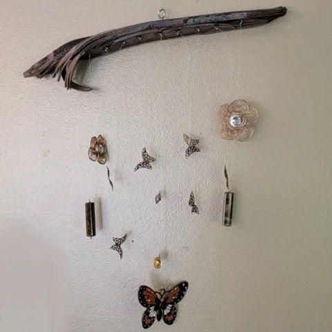 Handcrafted Driftwood Wall Decor With Butterfly, Floral Accents, and Tiger Eye Gemstone – Made in USA Michelle Marie Boutique  Wind Chimes