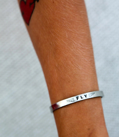 Handcrafted FLY (First Love Yourself) Quotable Open Cuff Bracelet – Inspirational Pewter Jewelry | Made in USA with Brushed Finish Whitney Howard Designs  Cuff Bracelets