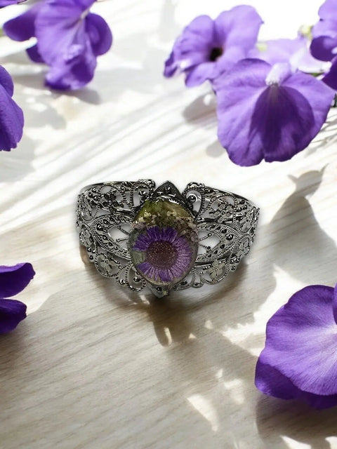 Handcrafted Filigree Bracelet With Pressed Flower Oval Centerpiece – Unique Resin Jewelry | Made in USA Michelle Marie Boutique  Bracelets