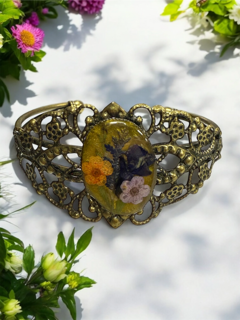 Handcrafted Filigree Bracelet With Pressed Flower Oval Centerpiece – Unique Resin Jewelry | Made in USA Michelle Marie Boutique  Bracelets