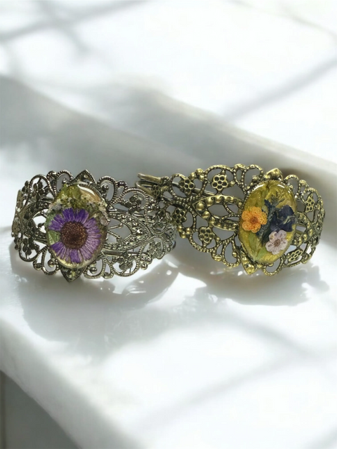 Handcrafted Filigree Bracelet With Pressed Flower Oval Centerpiece – Unique Resin Jewelry | Made in USA Michelle Marie Boutique  Bracelets