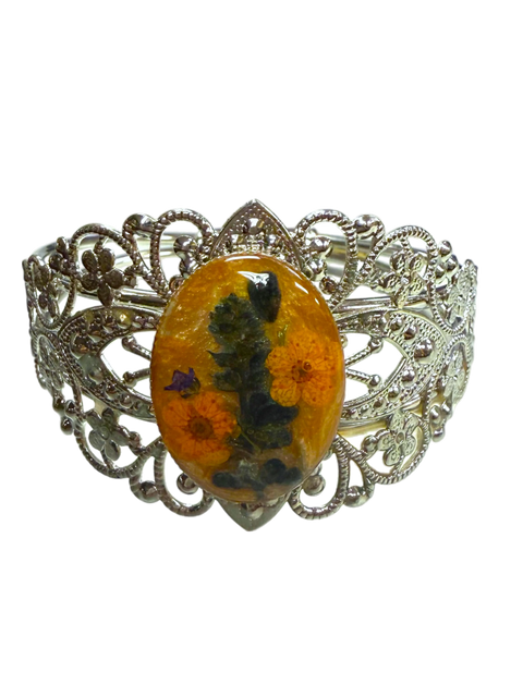 Handcrafted Filigree Bracelet With Pressed Flower Oval Centerpiece – Unique Resin Jewelry | Made in USA Michelle Marie Boutique  Bracelets