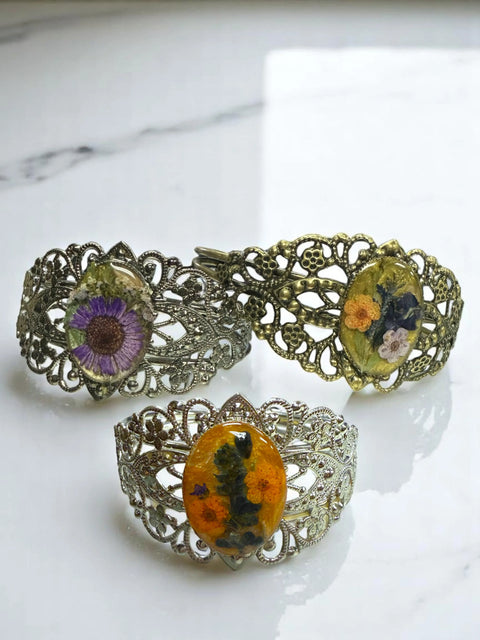Handcrafted Filigree Bracelet With Pressed Flower Oval Centerpiece – Unique Resin Jewelry | Made in USA Michelle Marie Boutique  Bracelets