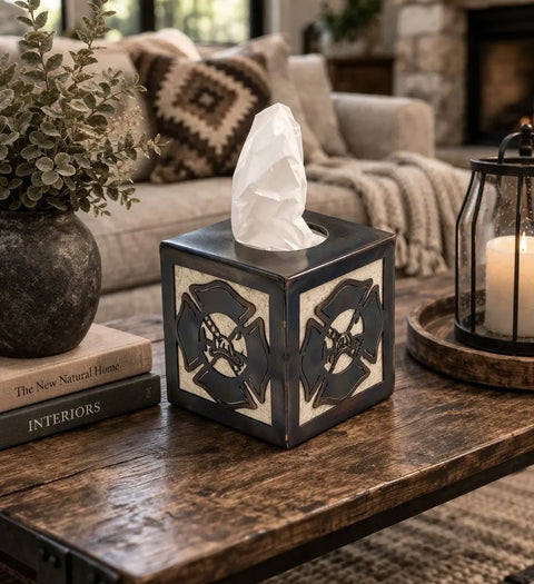 Handcrafted Firefighter Maltese Cross Tissue Box Holder – Rustic Metal Design | Made in USA Knights Home Decor  item