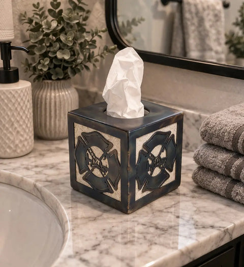 Handcrafted Firefighter Maltese Cross Tissue Box Holder – Rustic Metal Design | Made in USA Knights Home Decor  item