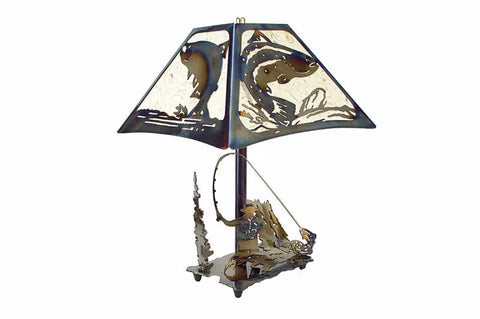 Handcrafted Fly Fisherman Table Lamp – Rustic Outdoor Accent Light with Hand-Colored Shade | Made in USA Knights Home Decor  item