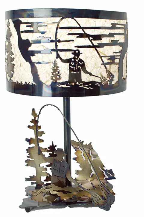 Handcrafted Fly Fisherman Table Lamp – Rustic Outdoor Accent Light with Hand-Colored Shade | Made in USA Knights Home Decor  item