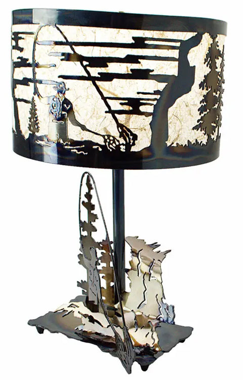 Handcrafted Fly Fisherman Table Lamp – Rustic Outdoor Accent Light with Hand-Colored Shade | Made in USA Knights Home Decor  item