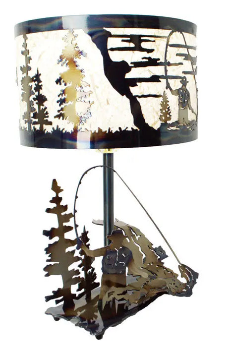 Handcrafted Fly Fisherman Table Lamp – Rustic Outdoor Accent Light with Hand-Colored Shade | Made in USA Knights Home Decor  item