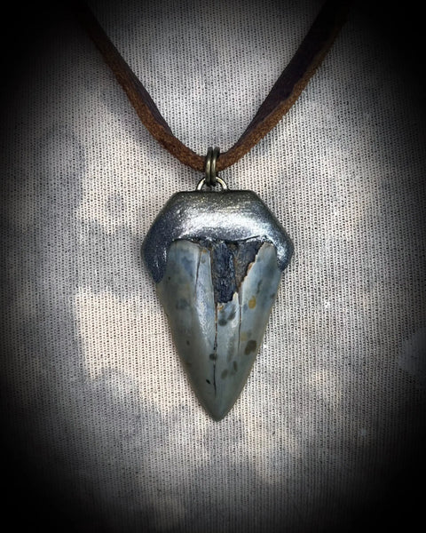 Handcrafted Fossil Shark Tooth Necklace 1.5 Inch Pendant on Brown Leather Cord – Made in USA | Custom Crystal Jewelry Gift Become Spellbound  Fossil