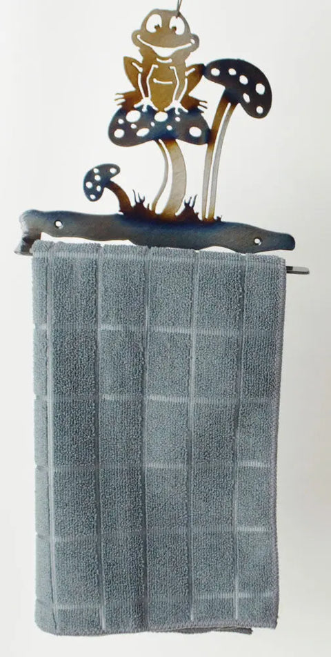 Handcrafted Frog on Mushroom Metal Towel Rack – Rustic Bathroom Wall Decor | Made in USA Knights Home Decor  item
