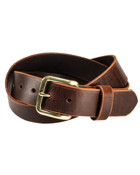 The Essential Leather Belt No. 1508 by Homestead Brand features coiled brown leather and a solid brass buckle, displayed on a white background.