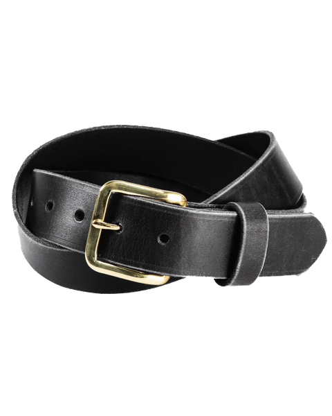 The Homestead Brand Essential Leather Belt No. 1508 features black leather and a solid brass buckle, coiled in a loop against a white background. Made in the U.S.A.