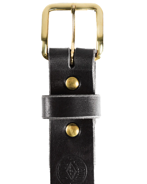 A close-up of the Homestead Brand Essential Leather Belt No. 1508, featuring detailed stitching, an embossed logo, and a solid brass buckle with gold rivets—expertly crafted and made in the U.S.A.