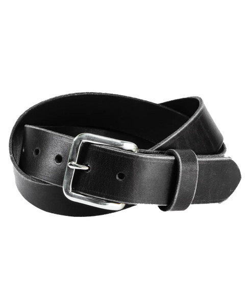 The Homestead Brand Essential Leather Belt No. 1508, featuring black leather and a solid brass buckle, is coiled in a loose loop on a white background.