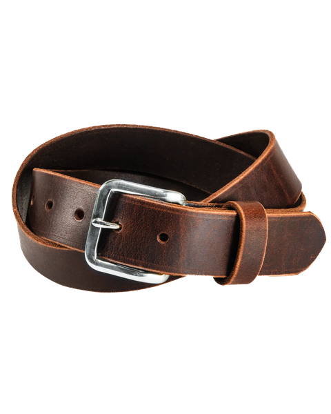 The Homestead Brand Essential Leather Belt No. 1508 is a coiled brown belt with a solid brass buckle, shown against a white background.