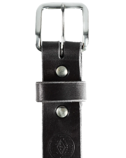 A close-up of the Homestead Brand Essential Leather Belt No. 1508, featuring black leather with a solid brass buckle and metal rivets, displayed vertically on a white background. Made in the U.S.A.