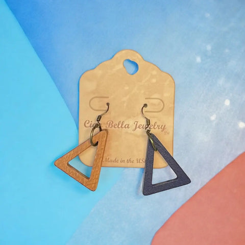 Handcrafted Geometric Double Triangle Earrings – Mismatched Black and Tan Design | Made in USA Statement Jewelry Michelle Marie Boutique  Earrings