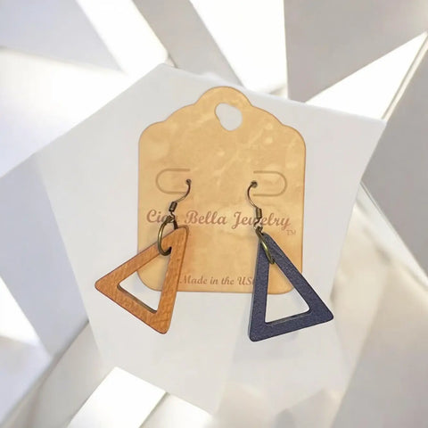 Handcrafted Geometric Double Triangle Earrings – Mismatched Black and Tan Design | Made in USA Statement Jewelry Michelle Marie Boutique  Earrings
